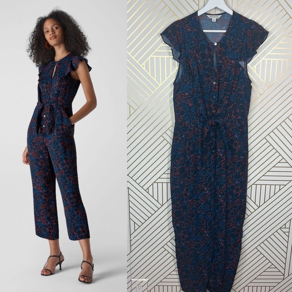 Whistles Outline Floral Jumpsuit Blue Red Button Front Tie Waist Size US 8 - Picture 1 of 11